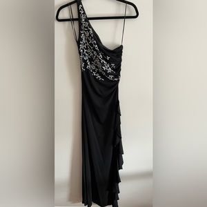 Black fitted pull on one shoulder dress with beautiful details in size 6